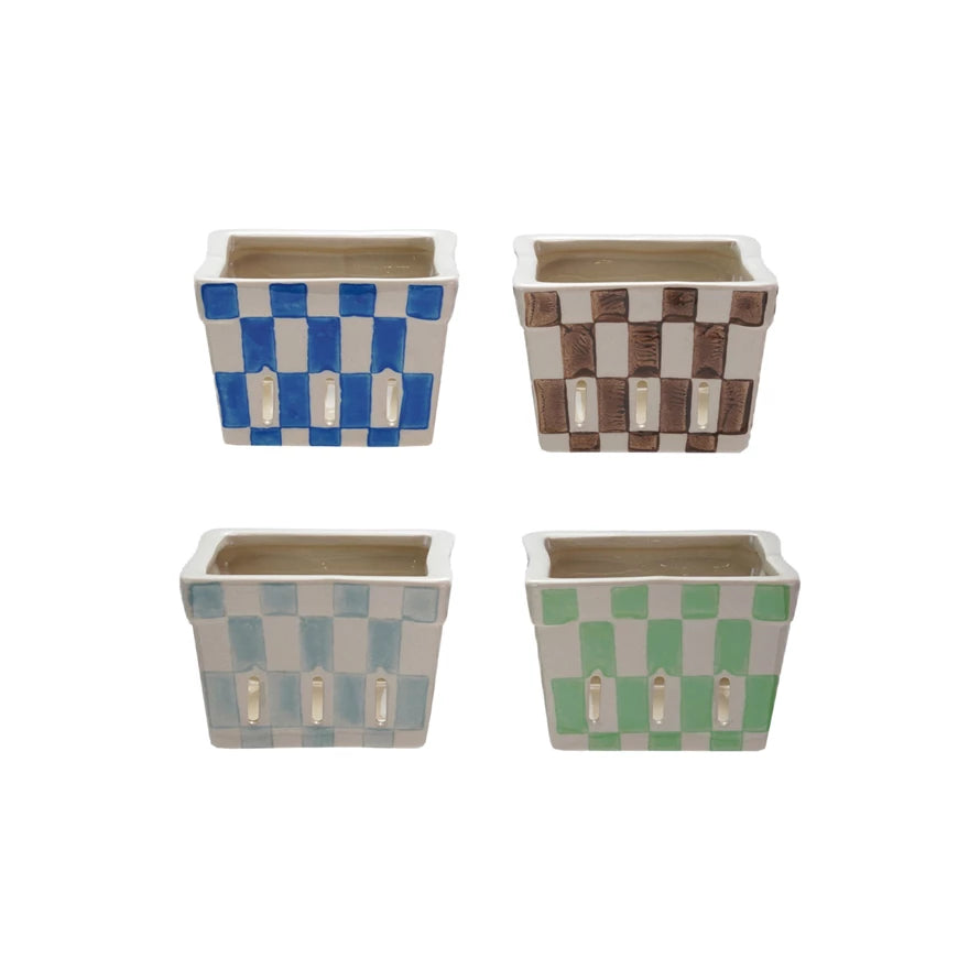 Hand-Painted Stoneware Berry Basket with Check Pattern, 4 Colors