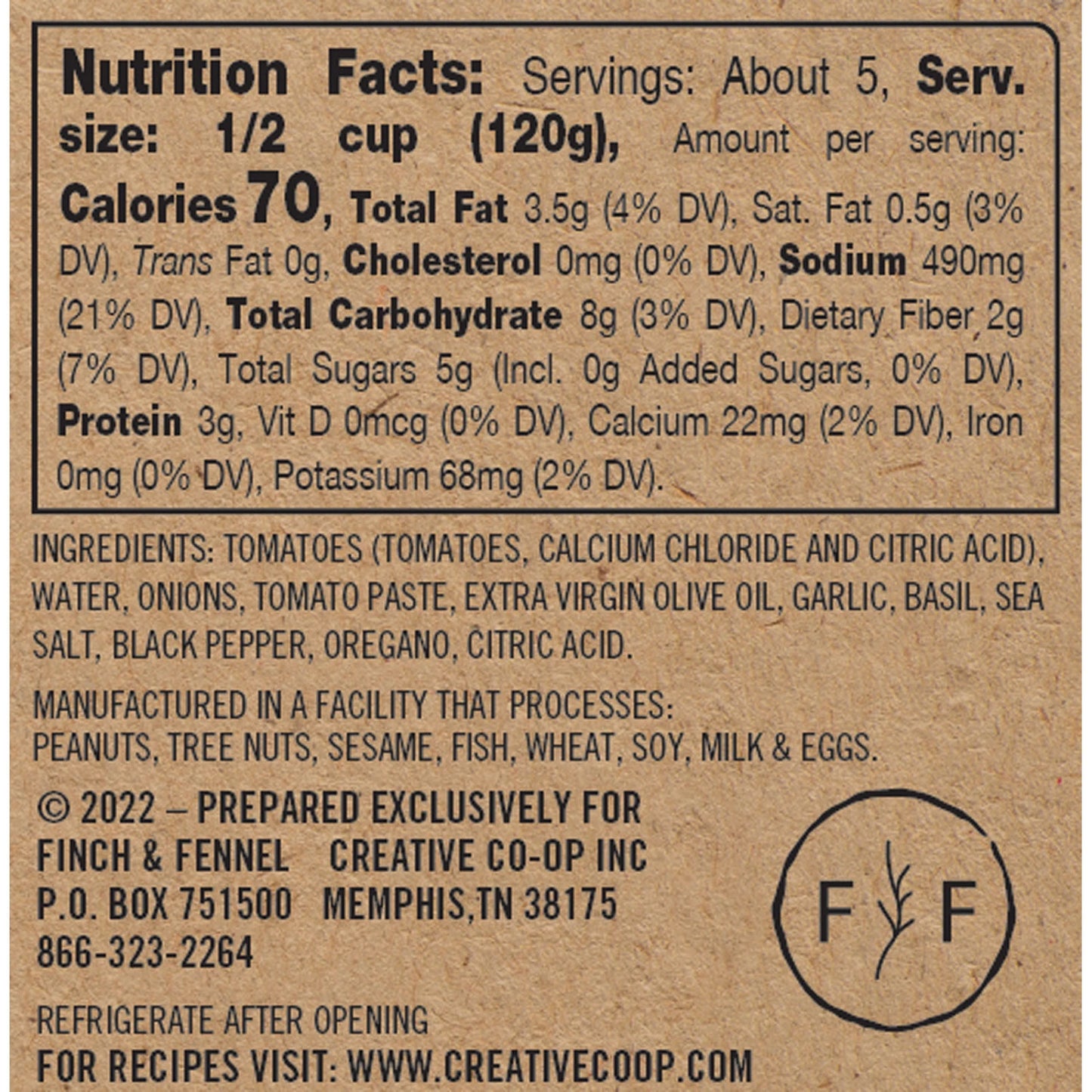 Finch + Fennel Tomato Basil Marinara Sauce