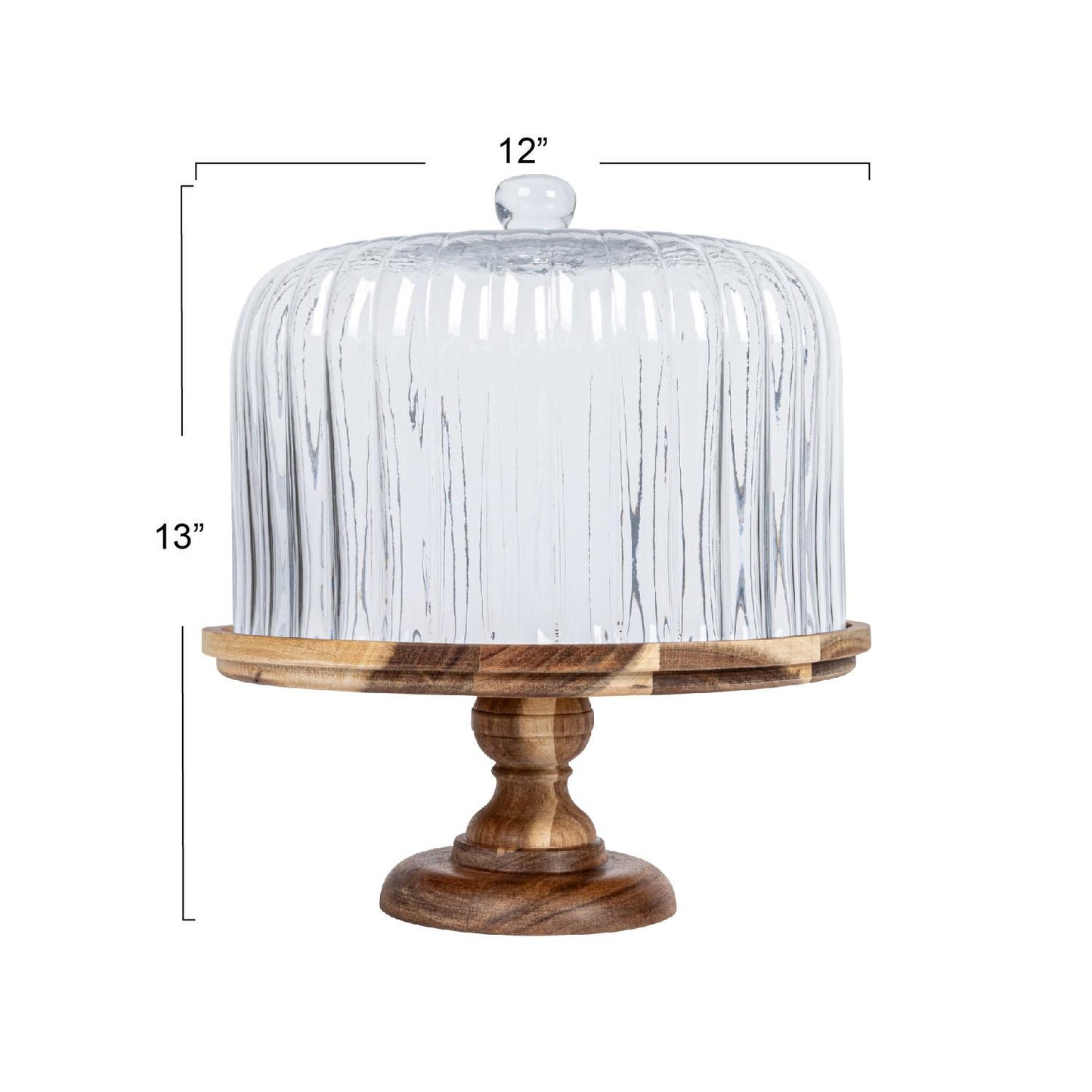 Acacia Wood Pedestal w/Fluted Glass Cloche