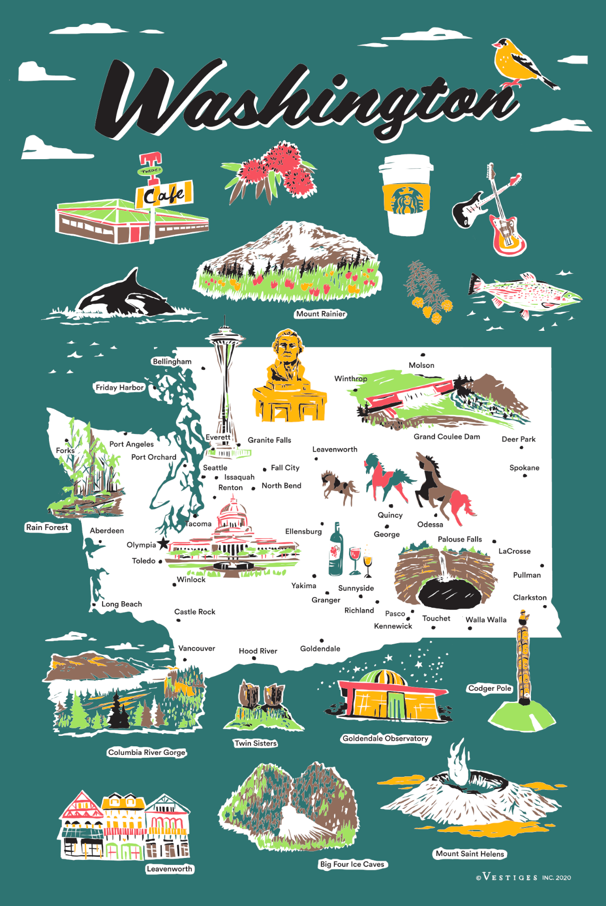 Washington State Icons Tea Towel