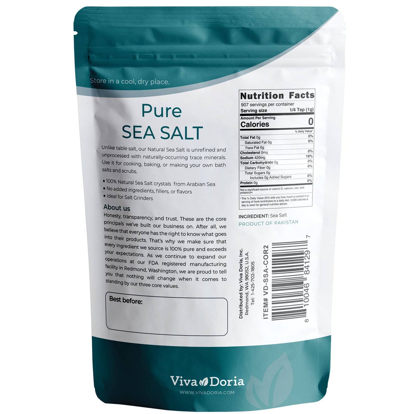 Pure Sea Salt, Coarse Grain, 2 lb Ideal For Salt Grinders