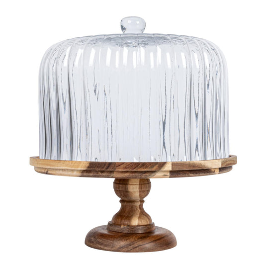 Acacia Wood Pedestal w/Fluted Glass Cloche