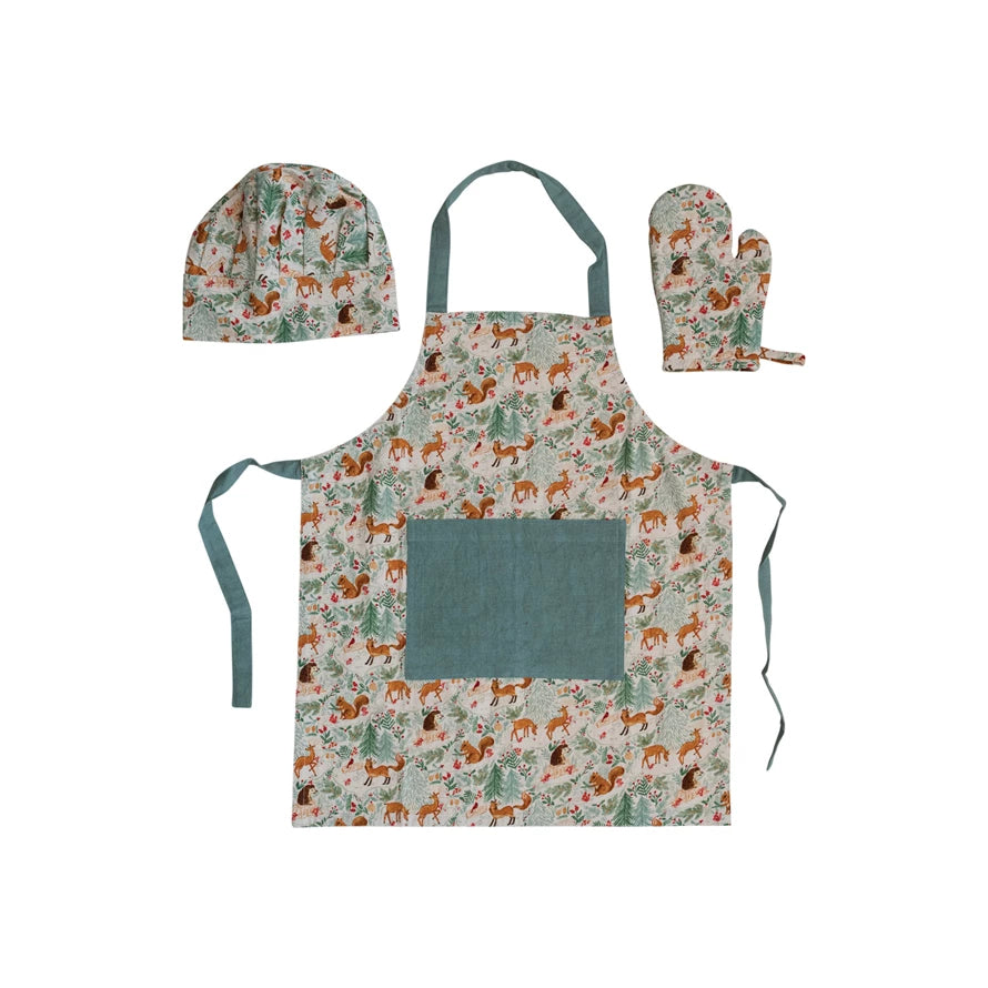 Cotton Child Apron w/ Pocket, Chef Hat & Hot Mitt