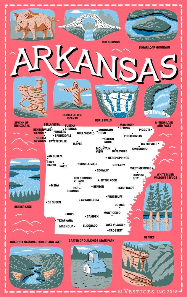 Arkansas State Icons Tea Towel