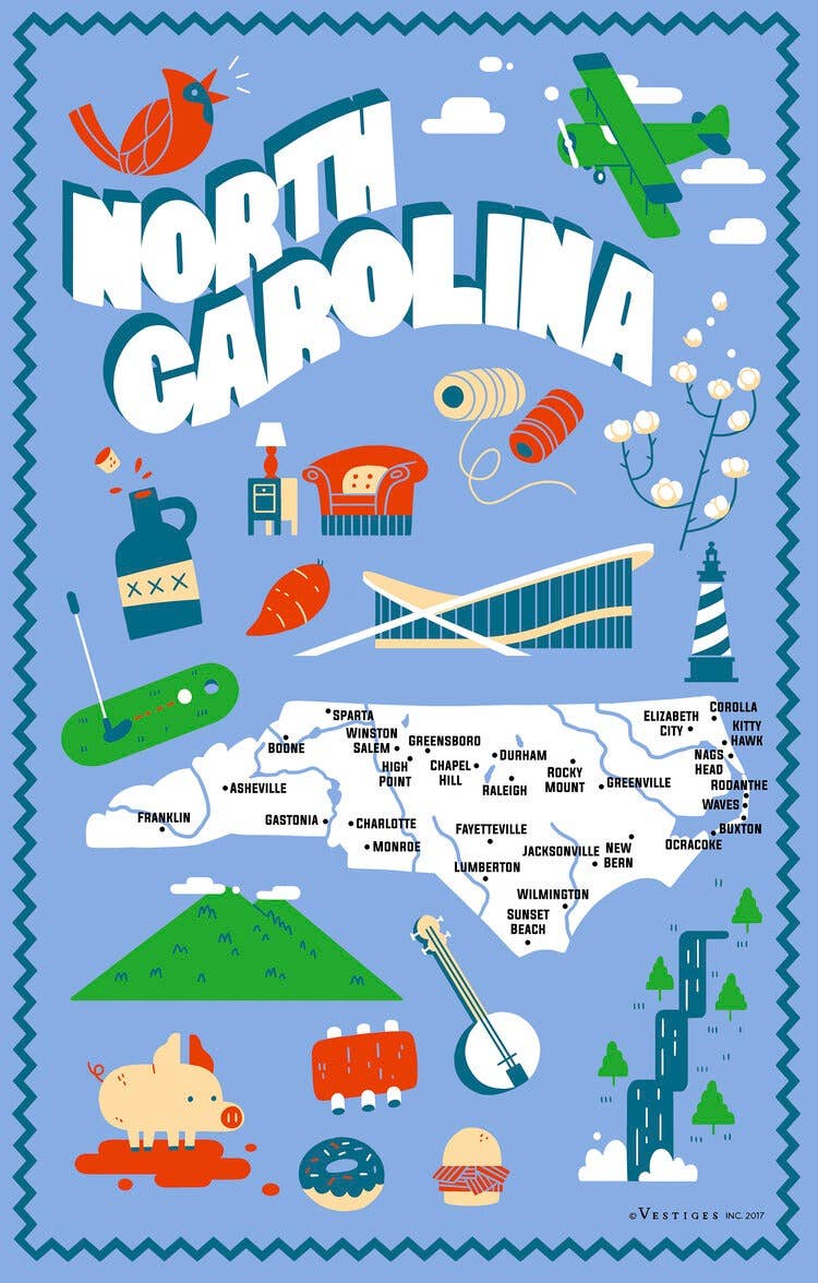 North Carolina State Icons Tea Towel