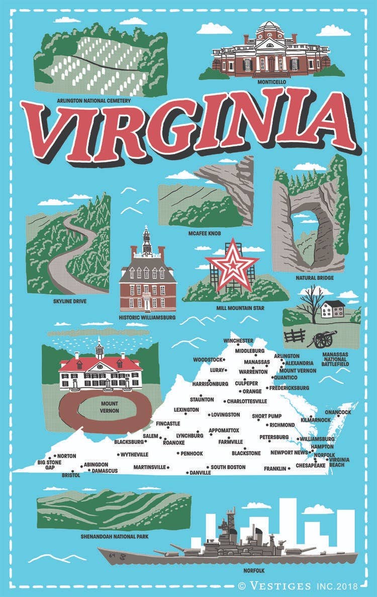 Virginia State Icons Tea Towel
