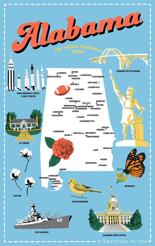 Alabama State Icons Tea Towel