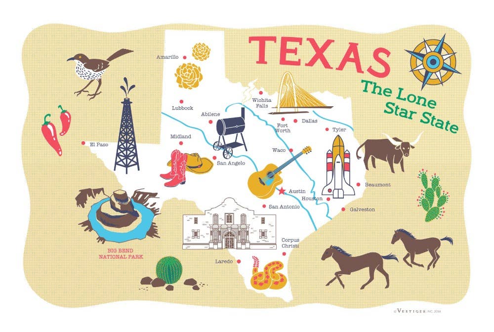 Texas State Icons Tea Towel