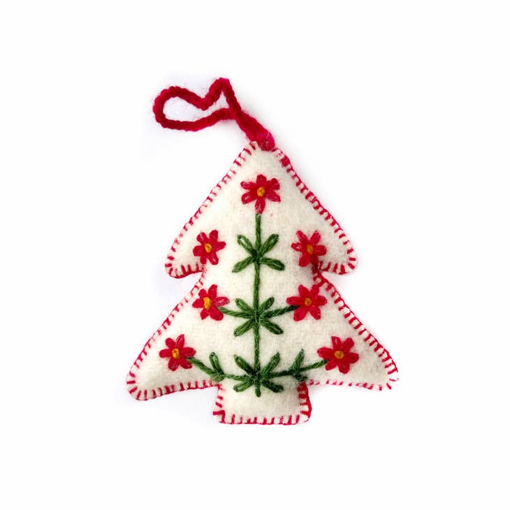 White Tree Embroidered Wool Christmas Ornament